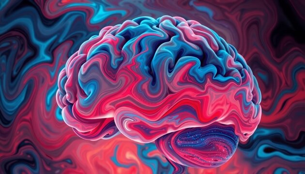 abstract representation of a human brain filled with swirling colors bright reds and deep blues blend together organic shapes emerge evoking emotions of curiosity and myster