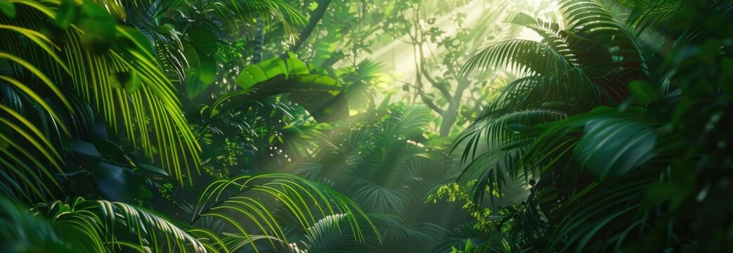 Fototapeta A lush green jungle with sunlight shining through the trees