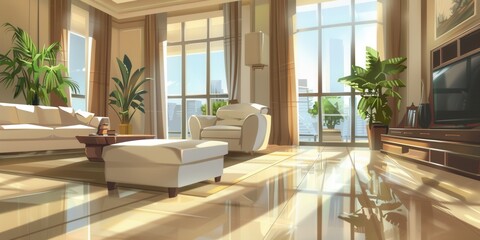 Fototapeta premium Cozy Modern Interior Design. Cartoon Style Architecture Concept