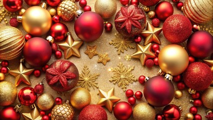 Festive Christmas decorations in red and gold colors, ornaments, garland, sparkling, holiday, seasonal, baubles, tree