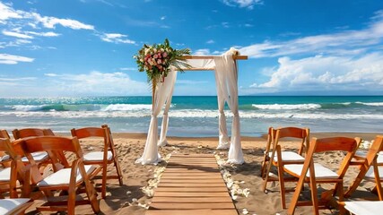 An elegant beach venue featuring a floral arch, wooden chairs, and a serene ocean view under a clear blue sky, perfect for a romantic ceremony