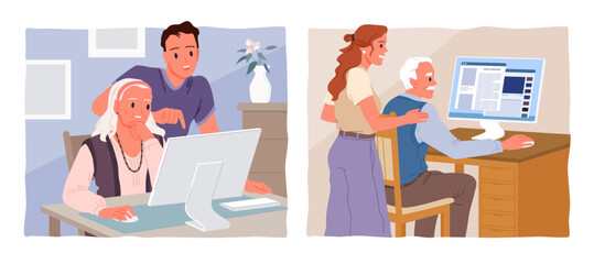 Help and assistance, support from young people to grandparents in using computer set. Grandpa and grandma sitting at home desk to work on PC, study or chat on social media cartoon vector illustration