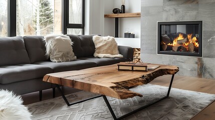 Fototapeta premium Marble coffee table near grey sofa and green velvet armchair against fireplace Art deco style interior design of modern living room