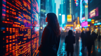 Cyberpunk Cityscape: A lone woman stands amidst the neon glare of a futuristic cityscape, her silhouette a stark contrast against the vibrant digital display behind her. The image evokes a sense of wo
