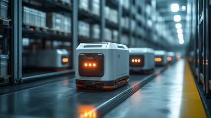 Obraz premium Automated Efficiency: A fleet of futuristic robots efficiently navigate a vast, modern warehouse, their synchronized movements illuminating the aisles in a symphony of technology and industry. 