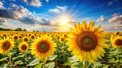 Obraz premium Vibrant sunflowers in a field under the bright summer sun, sunflowers, field, summer, vibrant, yellow, petals, nature, agriculture