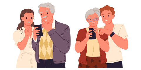 Help from young people to elderly to use mobile phone set. Grandpa and grandma with glasses holding smartphones, guy and girl teach old relatives how to call and chat cartoon vector illustration