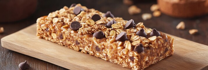 Delicious Homemade Granola Bar with Chocolate Chips - A close-up of a homemade granola bar, featuring a mix of oats, nuts, seeds, and chocolate chips. The bar is sitting on a wooden cutting board, rep