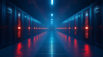 Cyberpunk Server Room: A mesmerizing, futuristic vision of a server room with sleek, metallic cabinets bathed in neon blue and red light. The reflection of the lights on the polished floor creates an