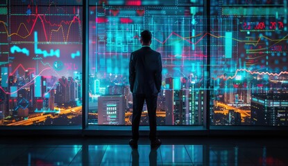 A man stands in front of a window looking out at a city