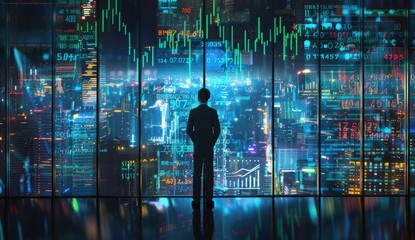 A man stands in front of a city skyline, looking out a window