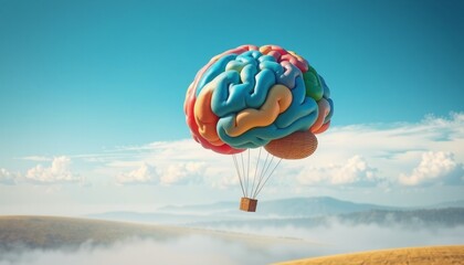 whimsical representation of a human brain as a colorful balloon floating gently above a serene landscape bright colors contrasting with a soft blue sky symbolizing dreams and