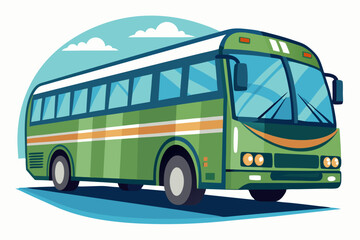 Green Bus Illustration with White Top and Blue Sky Background