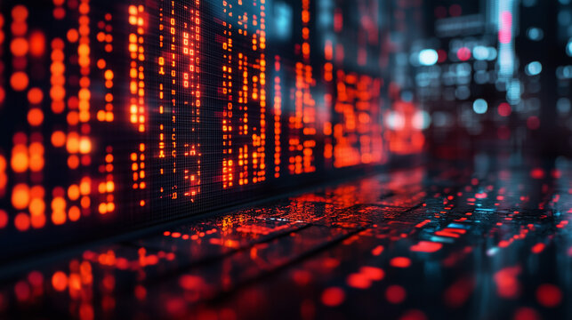 Digital Inferno: A sea of fiery red data streams down a stock ticker, reflecting off the polished floor in a mesmerizing display of market volatility. - Powered by Adobe