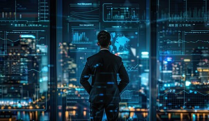 A man in a suit stands in front of a computer monitor displaying a cityscape