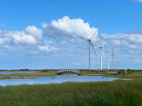 Windmills on the shore of the Kattegat strait in Frederikshavn, Denmark