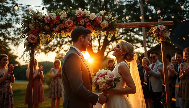 A bride and groom share a joyful moment under a floral arch as the sun sets. Guests smile, string lights twinkle, and confetti adds magic to the warm, romantic garden wedding.






