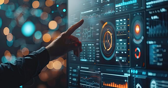 A person is pointing at a computer screen with a lot of numbers and graphs