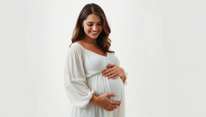 A joyful pregnant woman in a white dress cradles her belly, smiling warmly. Against a bright background, the scene exudes warmth and serenity with space for text.






