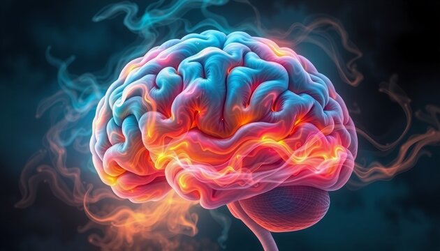artistic rendering of a brain as a swirling storm of colors and light with vivid hues and soft hazy edges set against a dark nebulous background conveying intensity
