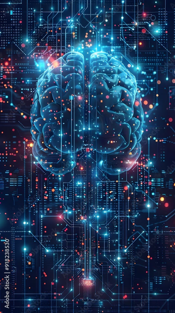 Poster futuristic digital brain made of binary code and circuits representing advanced intelligence concept