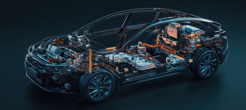 A comprehensive cross-sectional illustration of an electric car