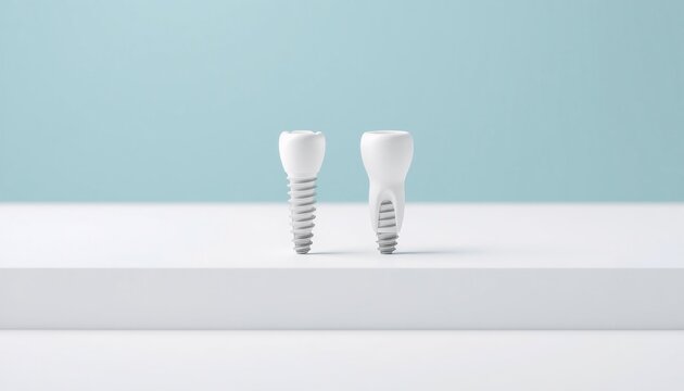 a row of three white dental implants on a white surface one flat two standing high-tech design minimalistic and clean perfect for health care and dental treatment visuals