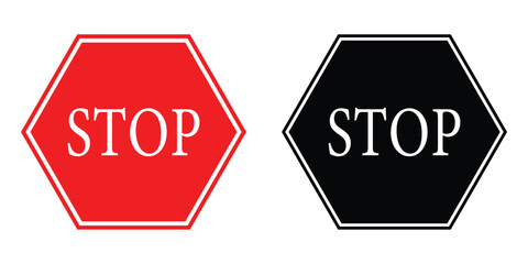 Set of Stop icon. Traffic regulatory warning stop symbol. Red and black stop road sign symbol isolated on white background. Vector illustration.