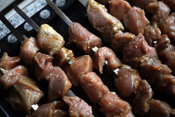 Raw pickled pork meat. Prepared for frying shish kebab.