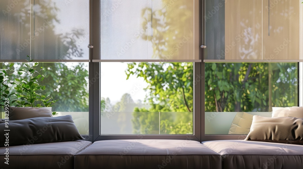 Sticker Automated beige blinds on large windows. Remote-controlled shades above the windowsill with pillows. Summer view of green trees.