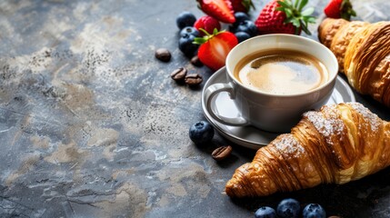 breakfast with coffee, croissant and berries and an empty place