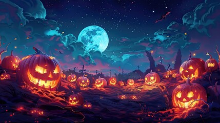 Fototapeta premium Whimsical illustration of a pumpkin patch with mischievous jack-o'-lanterns coming to life at night
