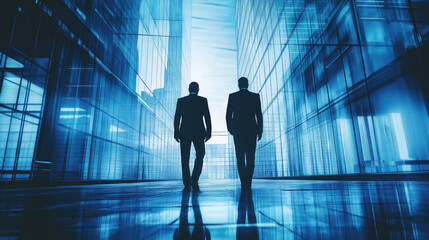 silhouette of two businessmen walking down a corridor, glass cage, blue, reflection, mirrored, urban office building architecture

