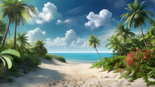 Beach view with white sand and coconut trees. Relaxing and calm atmosphere. Seamless 4K looping timelapse video animation generated AI
