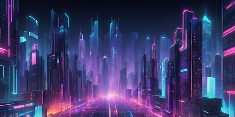 Futuristic Digital Cityscape Abstract Technology Background with Neon Skyscrapers, Virtual Grids, Holographic Interfaces, Cyberpunk Feel, No People