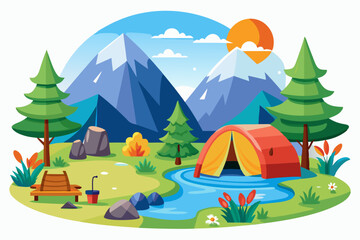 Obraz premium Camping Scene with Tent, River, and Mountains