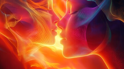 Fototapeta premium Ethereal Embrace of Light and Color - A captivating image depicting two abstract figures in a kiss, surrounded by vibrant colors and fluid shapes symbolizing passion, connection, unity, energy, and em
