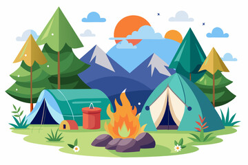 Camping in the Mountains with a Bonfire and Tents