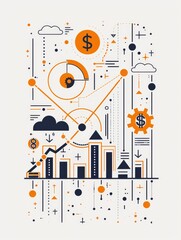 Obraz premium Financial Growth and Strategy Illustration - A modern abstract illustration depicting financial growth and strategy through interconnected lines, charts, and symbols representing business, investment,