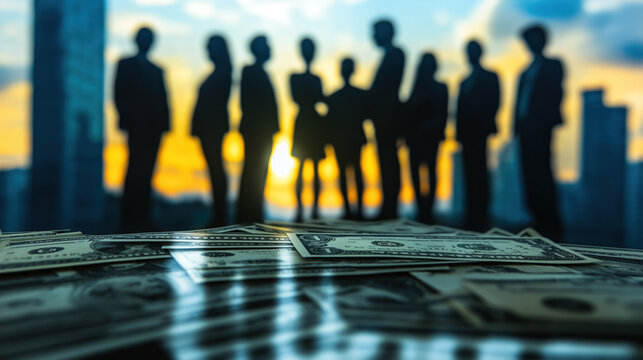 silhouette of businessmen and businesswomen cityscape person in front of building looking at cityscape skyline skyscrapers blue yellow black sunset concept
