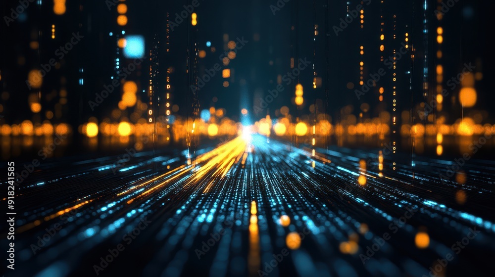 Poster 3D render of telephone lines with cables transforming into streams of data, visualized as glowing binary code, flowing across a city skyline at dusk --ar 16:9 --personalize gzhhakh