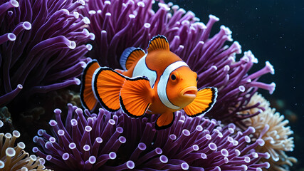 Vibrant symbiosis of Clownfish (Amphiprion ocellaris) and anemones in this stunning photo. Colorful fish swim gracefully among the protective tentacles of their anemone hosts. Generative AI.