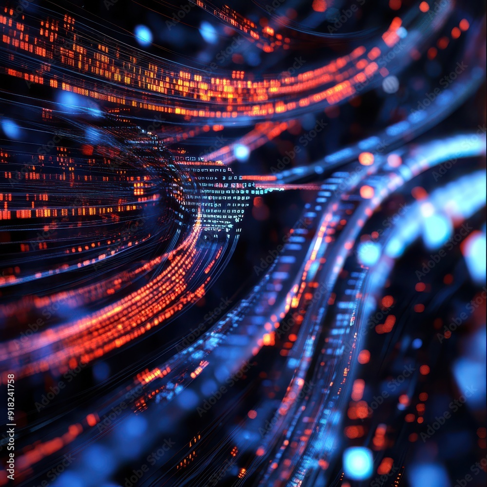 Poster Abstract 3D render of telephone cables morphing into data streams, with bits and bytes flowing along the lines, set against a digital grid background
