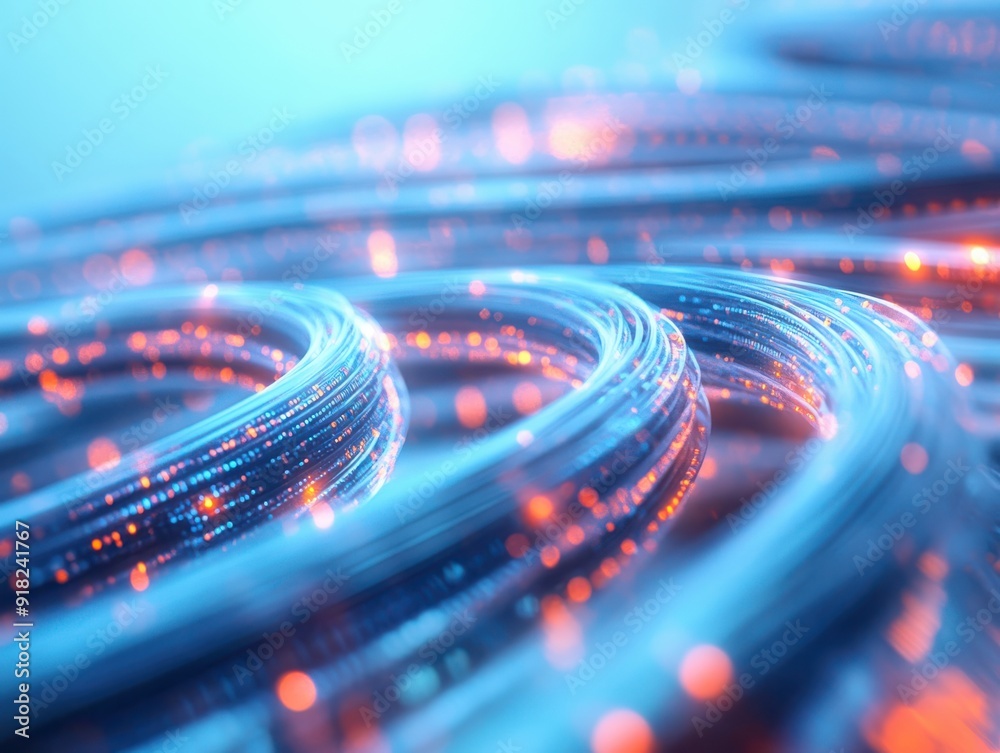 Poster Close-up 3D render of telephone cables merging with digital data lines, showing the transmission of information with glowing effects, set in a modern setting