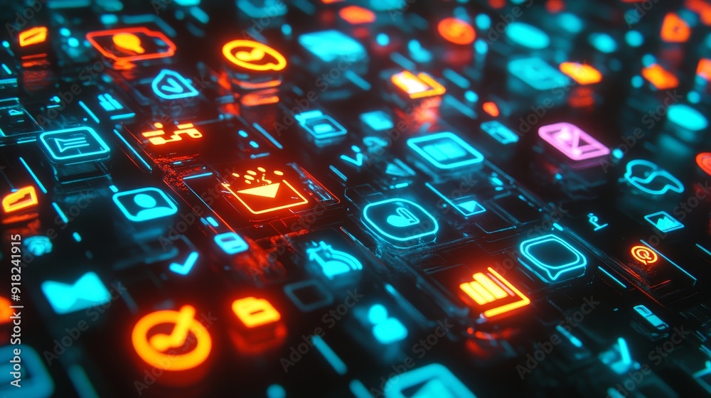 Poster futuristic interface with neon icons - a futuristic abstract image representing a digital interface 