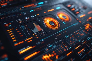 Futuristic digital interface with glowing elements and data visualizations.