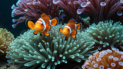 Vibrant symbiosis of Clownfish (Amphiprion ocellaris) and anemones in this stunning photo. Colorful fish swim gracefully among the protective tentacles of their anemone hosts. Generative AI.