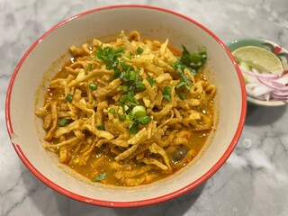 Vegetarian curry soup noodle with Straw Mushrooms