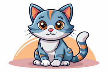 Obraz premium Cute Cartoon Cat with Blue and Orange Stripes Sitting on a Pink Background