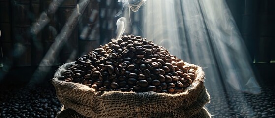 A bag of coffee beans is sitting on a table